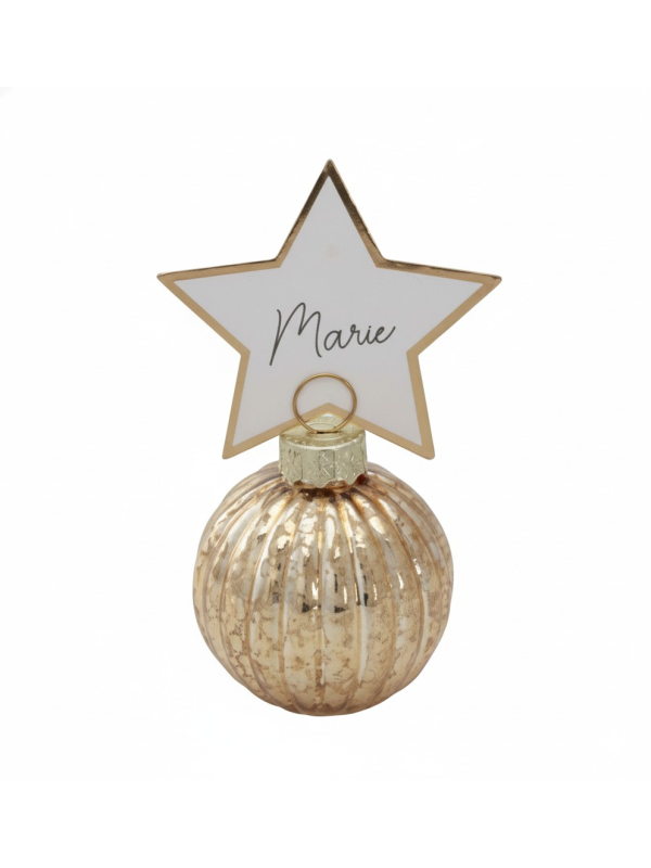 4 marque-places boules de Noël or + étiquettes étoile (verre)