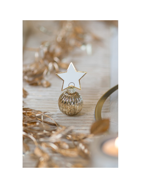 4 marque-places boules de Noël or + étiquettes étoile (verre)