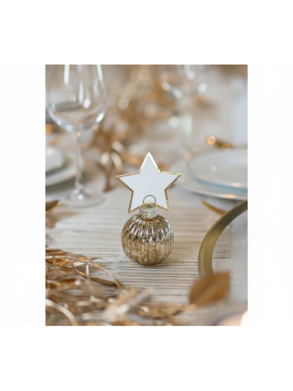4 marque-places boules de Noël or + étiquettes étoile (verre)