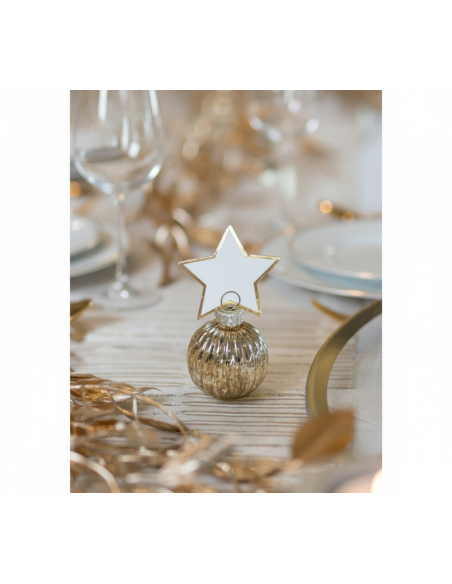 4 marque-places boules de Noël or + étiquettes étoile (verre)