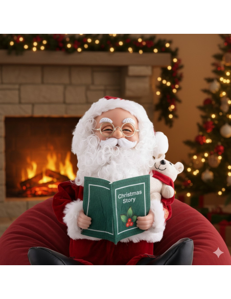 Automate Père Noël assis 32 cm avec son & mouvement – Conteur d’histoires