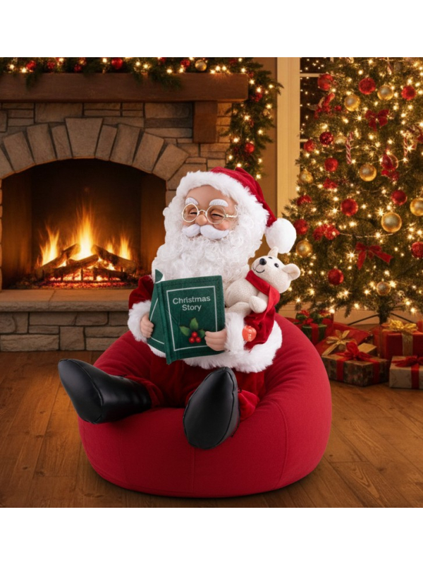 Automate Père Noël assis 32 cm avec son & mouvement – Conteur d’histoires