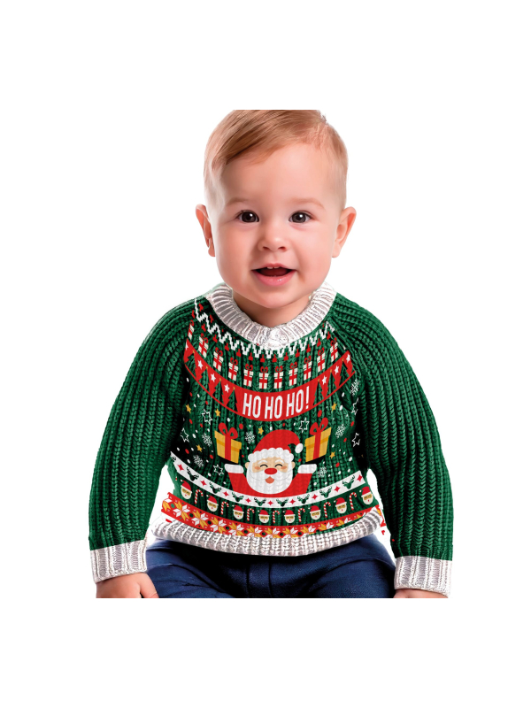 Pull de Noël Bébé “Ho Ho Ho” – 12–18 mois, manches vertes