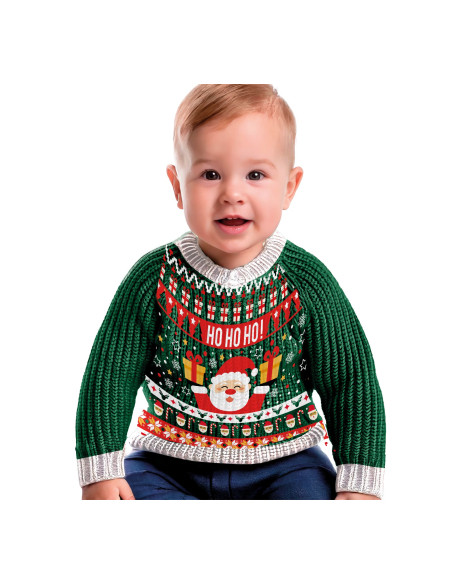 Pull de Noël Bébé “Ho Ho Ho” – 12–18 mois, manches vertes