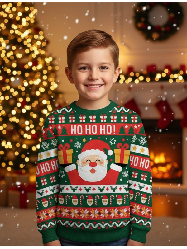Pull de Noël enfant “HO HO HO!” – Mixte, doux et prêt pour la photo