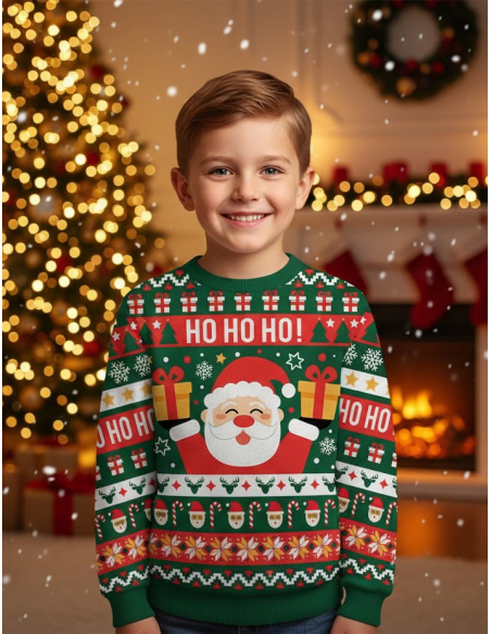 Pull de Noël enfant “HO HO HO!” – Mixte, doux et prêt pour la photo