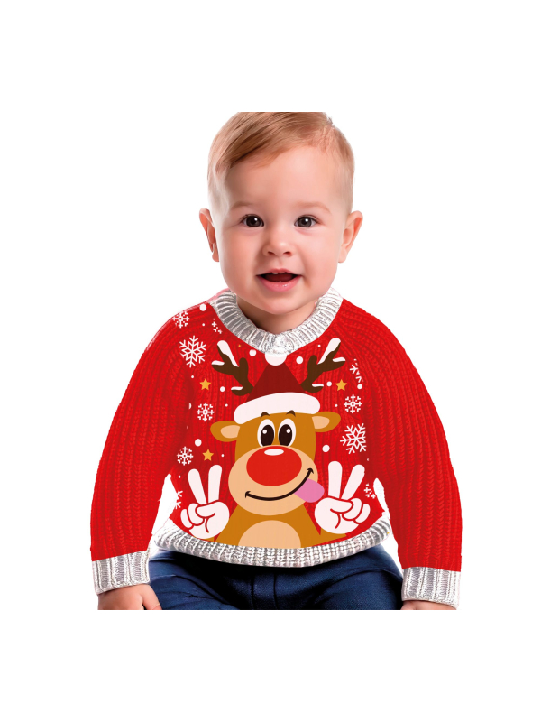 Pull de Noël bébé 12–18 mois – Rodolphe, le renne au nez rouge