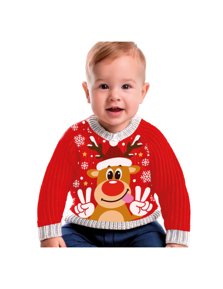 Pull de Noël bébé 12–18 mois – Rodolphe, le renne au nez rouge