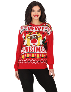 Pull de Noël Femme “Merry Christmas” – Renne, Cloches et Sapins Festifs