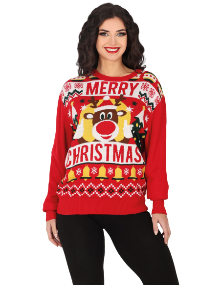 Pull de Noël Femme “Merry Christmas” – Renne, Cloches et Sapins Festifs
