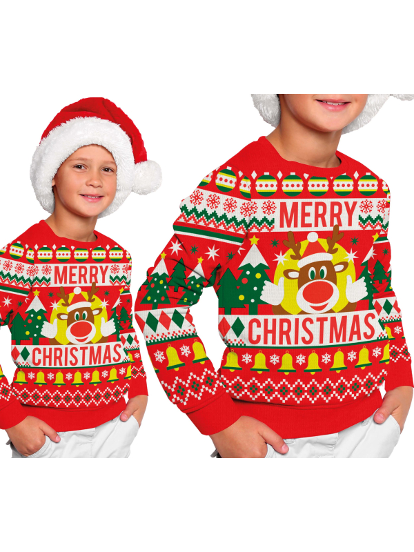 Pull de Noël Enfant “Merry Christmas” – Renne, Sapins et Cloches Dorées