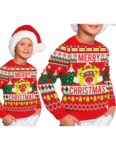 Pull de Noël Enfant “Merry Christmas” – Renne, Sapins et Cloches Dorées