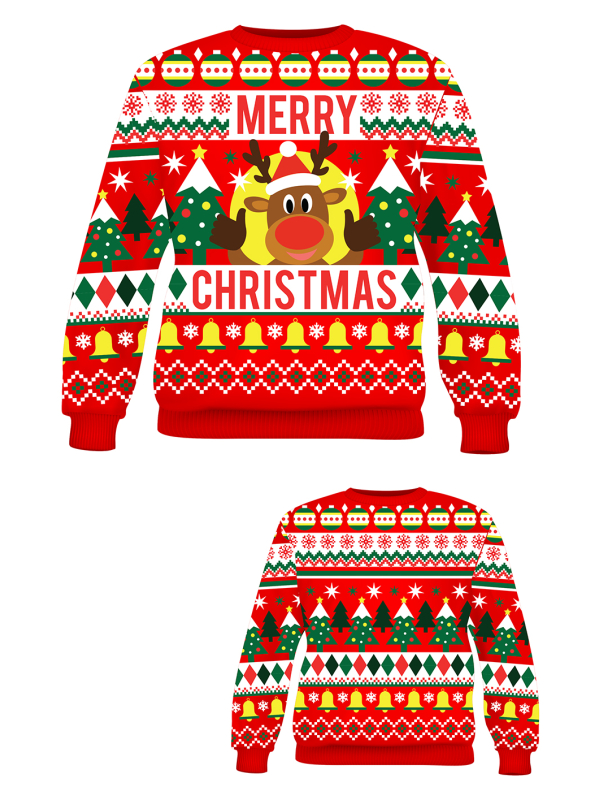 Pull de Noël Enfant “Merry Christmas” – Renne, Sapins et Cloches Dorées