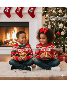 Pull de Noël Enfant “Merry Christmas” – Renne, Sapins et Cloches Dorées