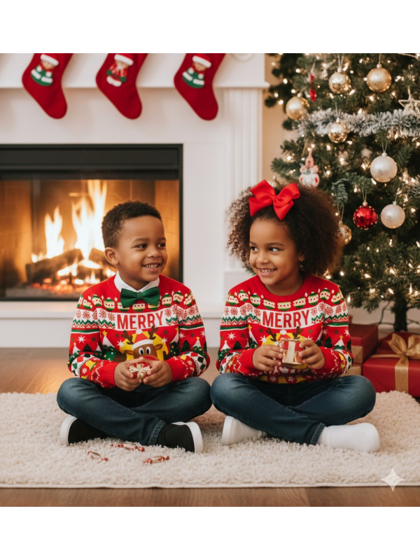 Pull de Noël Enfant “Merry Christmas” – Renne, Sapins et Cloches Dorées