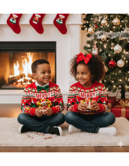 Pull de Noël Enfant “Merry Christmas” – Renne, Sapins et Cloches Dorées