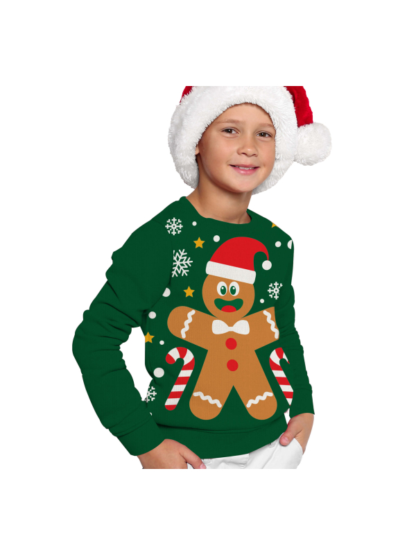 Pull de Noël Enfant “Biscuit Pain d’Épices” – Pull Moche Vert Festif
