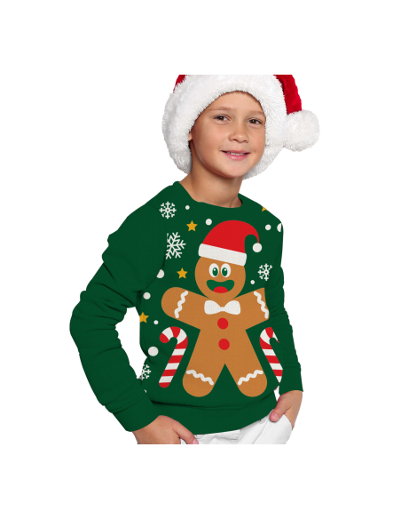 Pull de Noël Enfant “Biscuit Pain d’Épices” – Pull Moche Vert Festif
