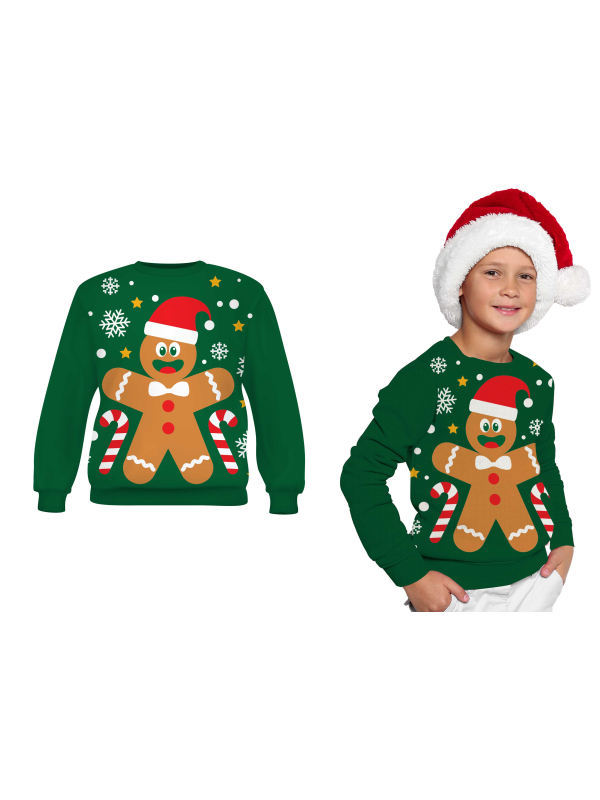 Pull de Noël Enfant “Biscuit Pain d’Épices” – Pull Moche Vert Festif