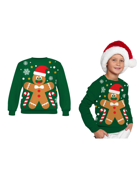 Pull de Noël Enfant “Biscuit Pain d’Épices” – Pull Moche Vert Festif