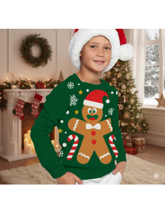 Pull de Noël Enfant “Biscuit Pain d’Épices” – Pull Moche Vert Festif