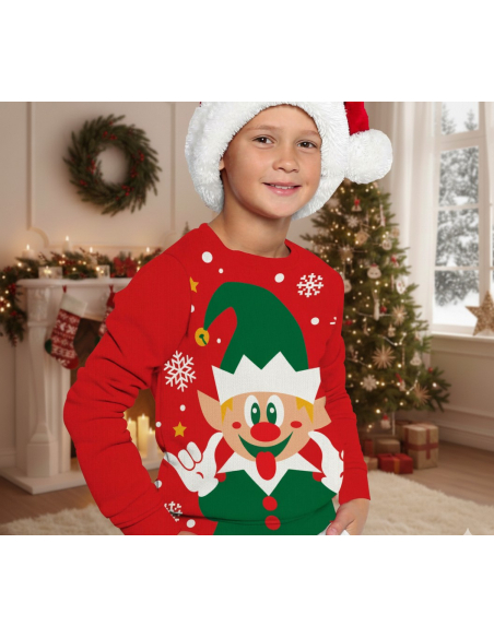Pull de Noël Enfant “Elfe Malicieux” – Le lutin rigolo qui met l’ambiance sous le sapin