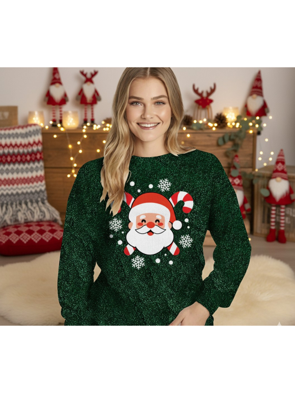 Pull de Noël Femme à Paillettes Vert Sapin – Père Noël Scintillant et Élégance Festive