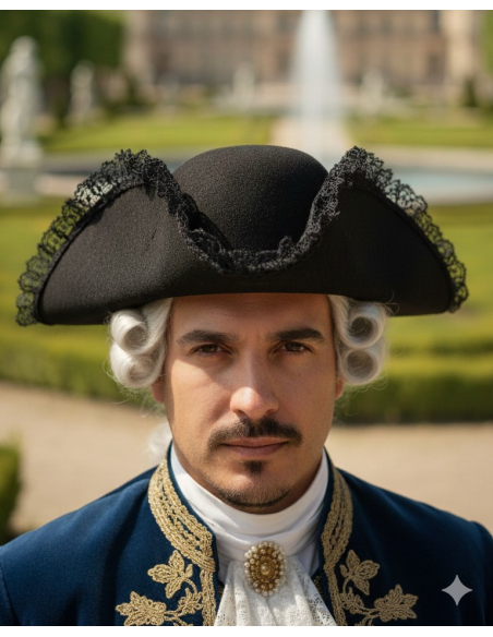 Chapeau tricorne noir noble – Volants dentelle | Déguisement pirate & historique