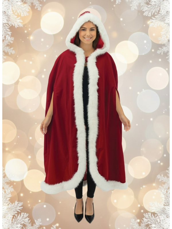 Cape Mère Noël longue à capuche – velours rouge, bordure blanche