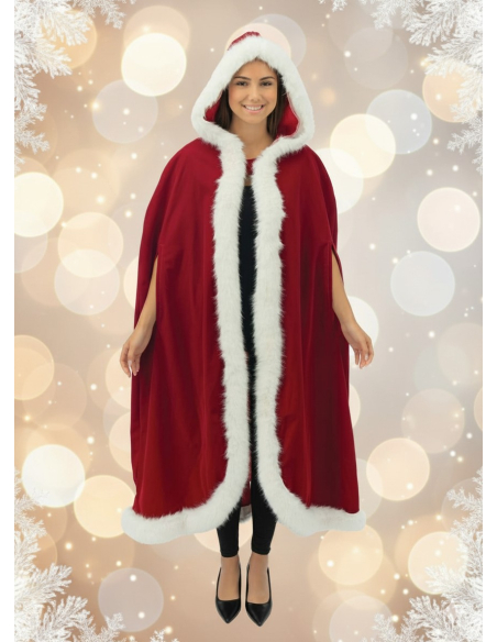 Cape Mère Noël longue à capuche – velours rouge, bordure blanche