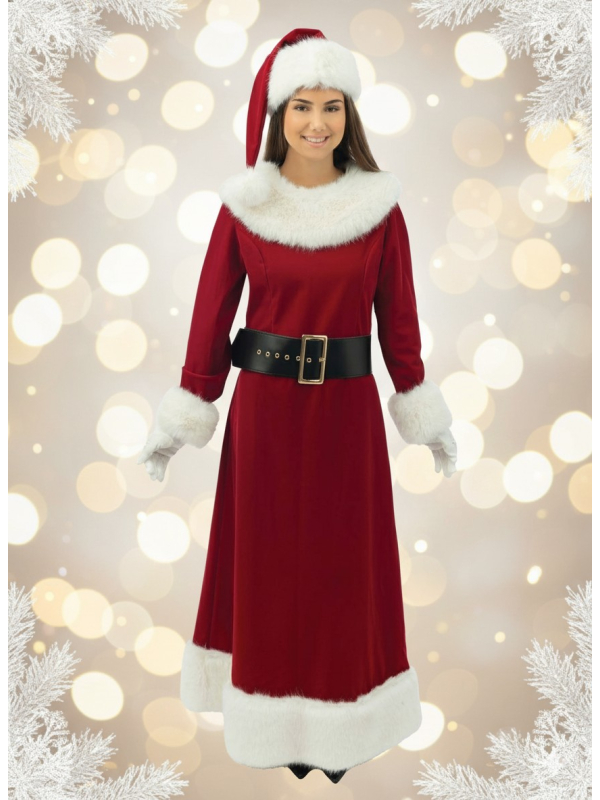 Robe Mère Noël Luxe – longue velours rouge, zip dos + bonnet, ceinture et gants (S/M à XXL)