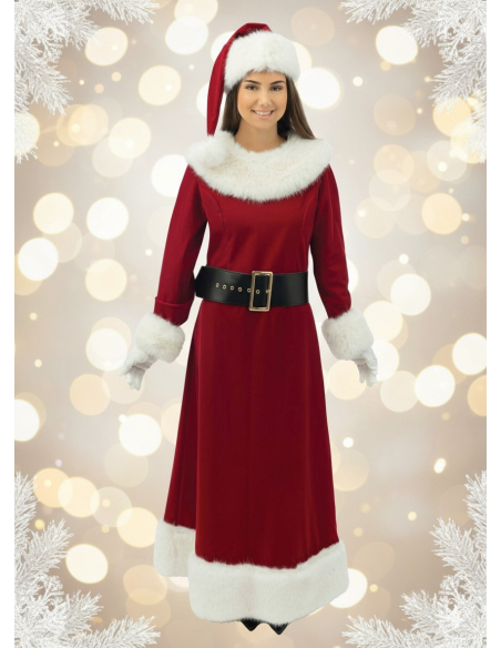 Robe Mère Noël Luxe – longue velours rouge, zip dos + bonnet, ceinture et gants (S/M à XXL)