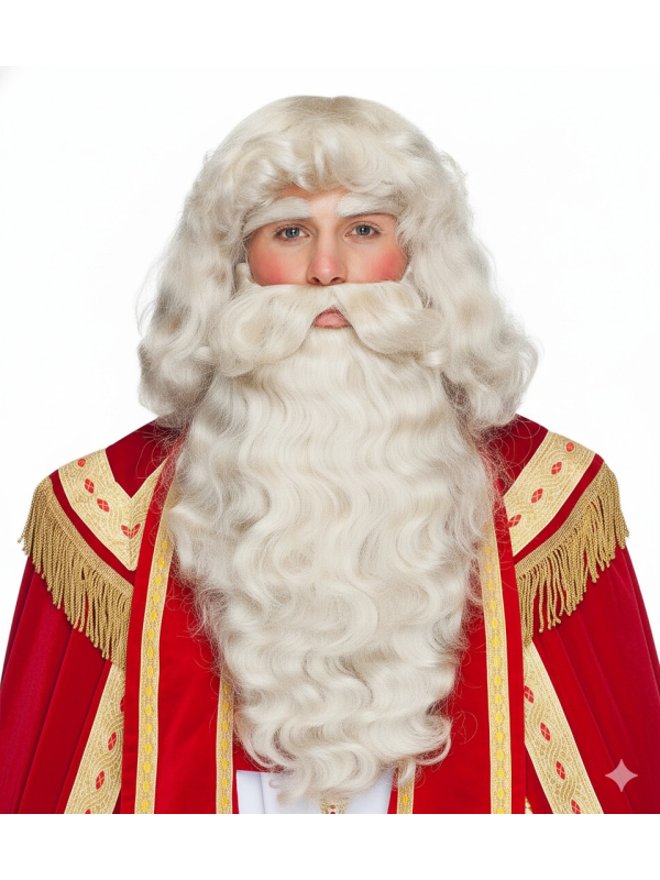 Perruque et Barbe Père Noël Professionnelles – Ensemble de Luxe Saint-Nicolas pour Collectivités