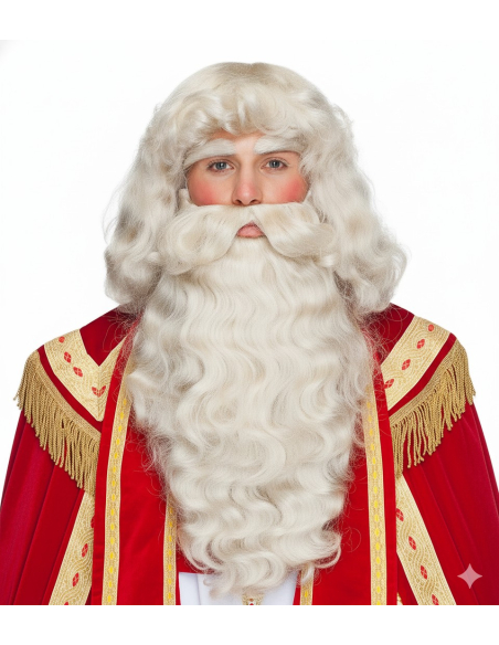 Perruque et Barbe Père Noël Professionnelles – Ensemble de Luxe Saint-Nicolas pour Collectivités