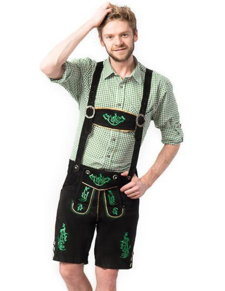 Lederhose Noir Homme en Cuir Véritable – Short Bavarois Brodé Vert