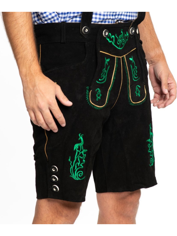 Lederhose Noir Homme en Cuir Véritable – Short Bavarois Brodé Vert