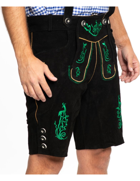 Lederhose Noir Homme en Cuir Véritable – Short Bavarois Brodé Vert