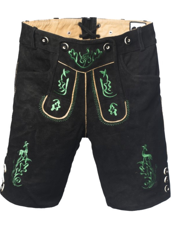 Lederhose Noir Homme en Cuir Véritable – Short Bavarois Brodé Vert