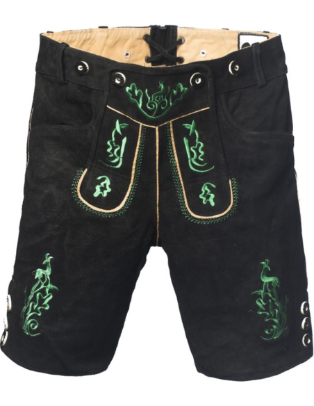 Lederhose Noir Homme en Cuir Véritable – Short Bavarois Brodé Vert