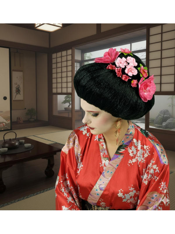 Perruque Geisha Japonaise avec Fleurs – Élégance et Tradition
