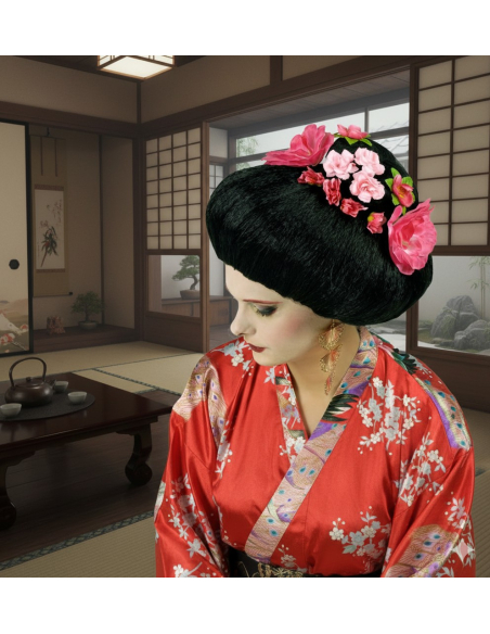 Perruque Geisha Japonaise avec Fleurs – Élégance et Tradition