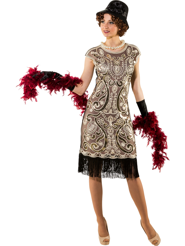 Robe Charleston Dorée à Sequins & Franges Noires