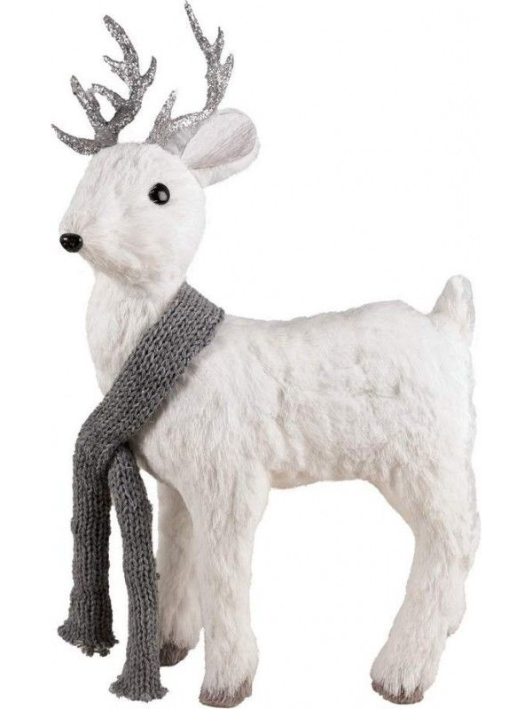 Renne Blanc Décoratif – Décoration Noël en Peluche avec Écharpe Grise (38 cm)