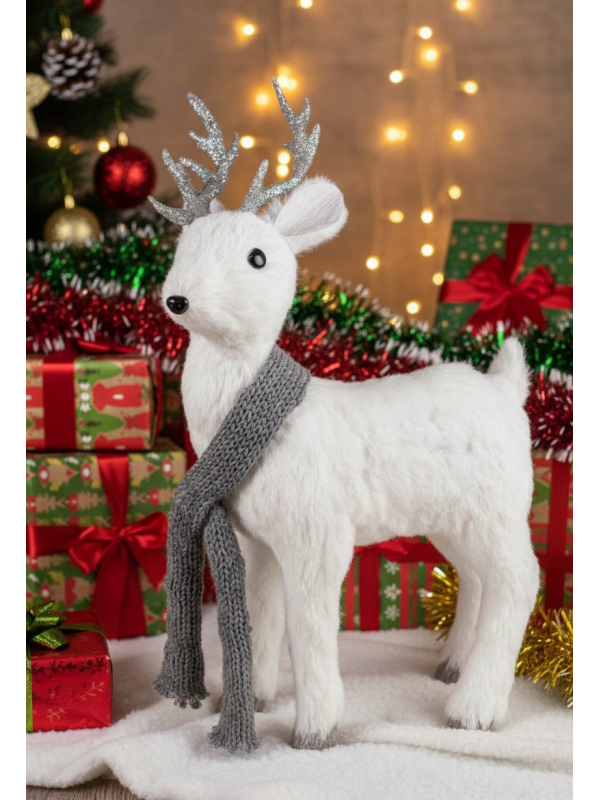 Renne Blanc Décoratif – Décoration Noël en Peluche avec Écharpe Grise (38 cm)