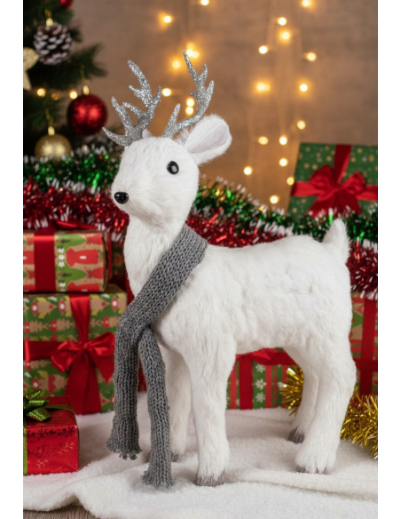 Renne Blanc Décoratif – Décoration Noël en Peluche avec Écharpe Grise (38 cm)