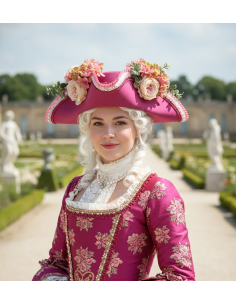 Tricorne Baroque Fleuri Rose – Chapeau de Marquise & Carnaval Vénitien (Adulte)