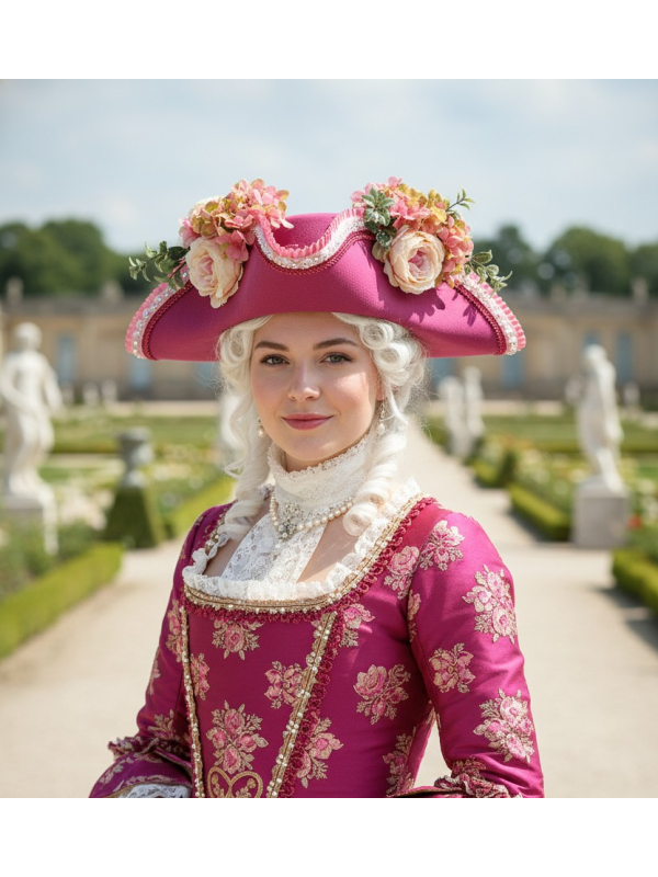 Tricorne Baroque Fleuri Rose – Chapeau de Marquise & Carnaval Vénitien (Adulte)