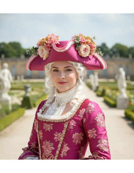 Tricorne Baroque Fleuri Rose – Chapeau de Marquise & Carnaval Vénitien (Adulte)