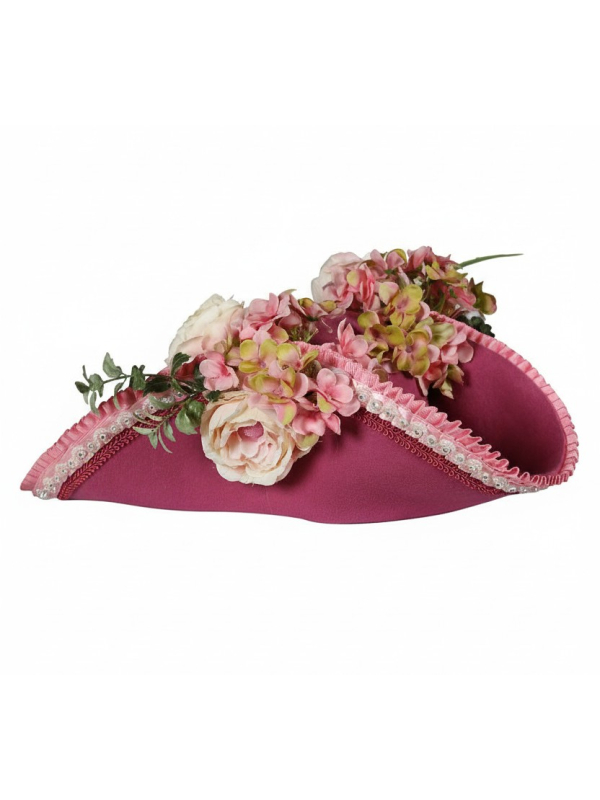 Tricorne Baroque Fleuri Rose – Chapeau de Marquise & Carnaval Vénitien (Adulte)