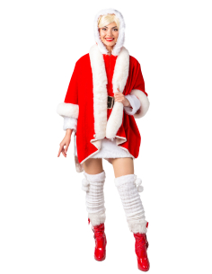 Cape Mère Noël Femme – Poncho Velours Rouge & Fourrure Blanche